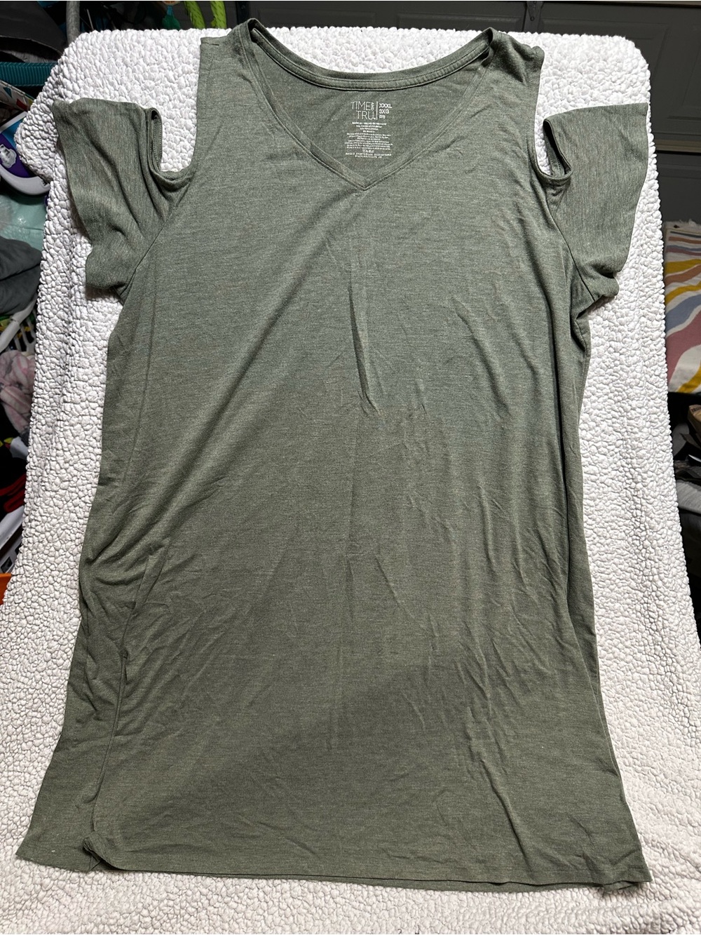 Time and Tru Olive Cold-Shoulder V-Neck Tee